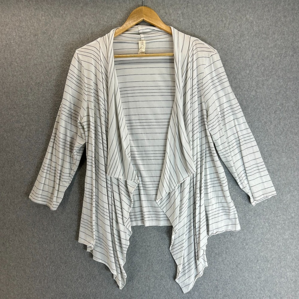 Chalet et Ceci Large White Gray Stripe Open Cardigan Sweater‎ Lightweight Flowy